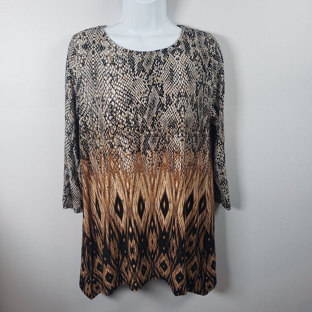 Ruby Rd. 3/4 Sleeve Career Tunic Blouse Brown Blk White Animal Print Small /A209